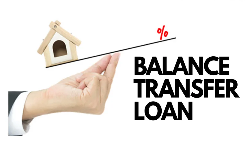Illustration of house, clipboard, and coins representing loan balance transfer