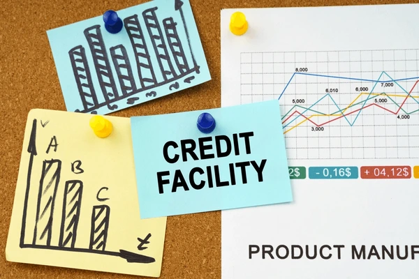 Notebook labeled Credit Facility with calculator and clock