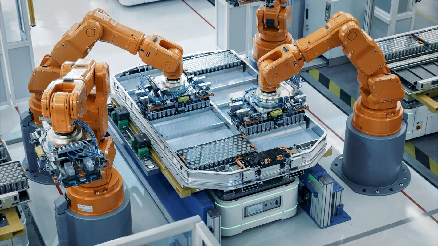 Industrial robotic arms in a modern factory