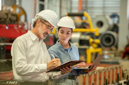 Engineers inspecting industrial equipment in a factory